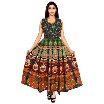 Vastravilla Women's Cotton Febric Sleeveless Printed Jaipuri Dress ( Maxi) Free Size  Adjust With Belt 1