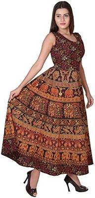 Vastravilla Women's Cotton Febric Sleeveless Printed Jaipuri Dress ( Maxi) Free Size  Adjust With Belt 4