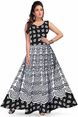 Vastravilla Women's Cotton Febric Sleeveless Printed Jaipuri Dress ( Maxi) Free Size  Adjust With Belt 1