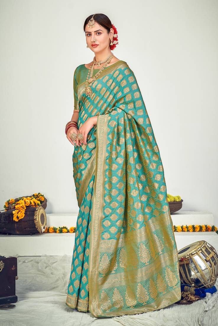 Delectable Firozi Zari Woven Banarasi Silk Bengali Saree