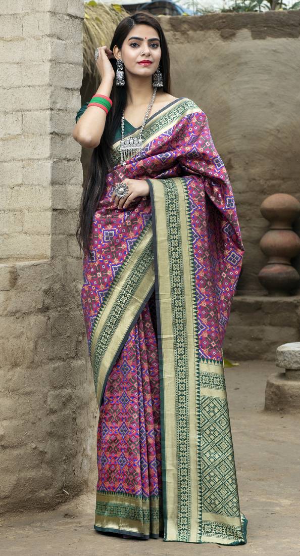 Colorful Rani Pink Woven Silk Patola Bengali Saree