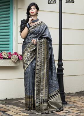 Delightful Grey Zari Weaving Soft Banarasi Silk Designer Saree 1