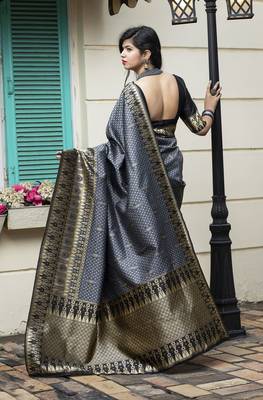 Delightful Grey Zari Weaving Soft Banarasi Silk Designer Saree 2