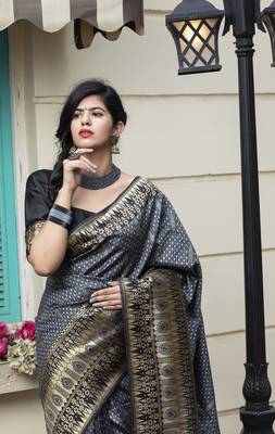 Delightful Grey Zari Weaving Soft Banarasi Silk Designer Saree 3