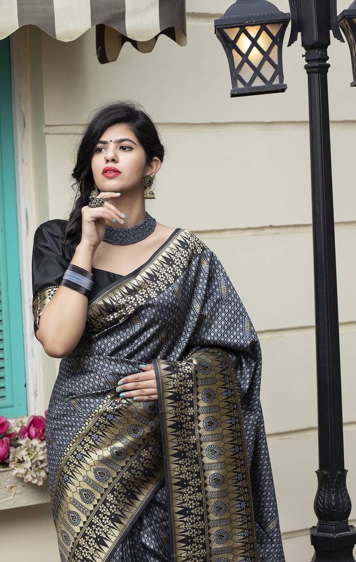 Delightful Grey Zari Weaving Soft Banarasi Silk Designer Saree