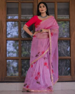Winning Light Pink Floral Digital Printed Organza Saree 1