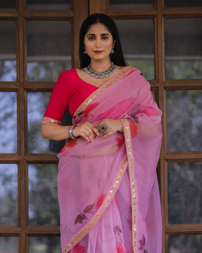Winning Light Pink Floral Digital Printed Organza Saree