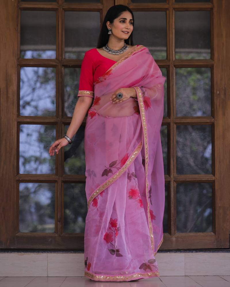 Winning Light Pink Floral Digital Printed Organza Saree