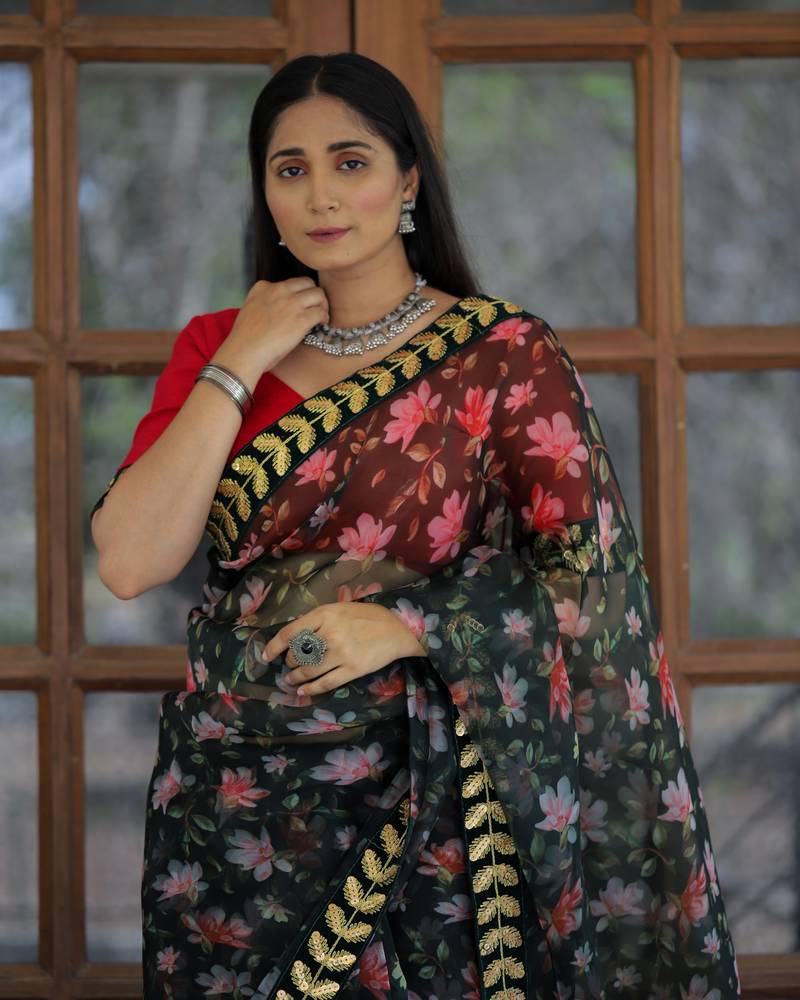Charming Dark Green Floral Digital Printed Organza Saree