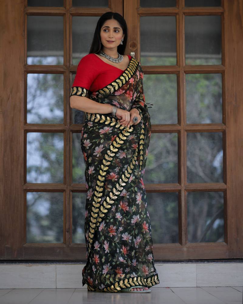 Charming Dark Green Floral Digital Printed Organza Saree