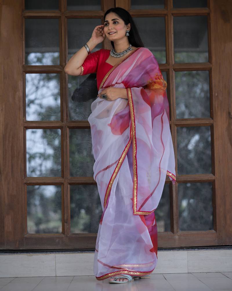 Agreeable White Floral Digital Printed Organza Saree