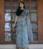 Likable Turquoise Floral Digital Printed Organza Saree