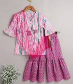 The Magic Wand Girls Ethnic Floral Print 3/4th Sleeves Gota Lace Kurta & Sharara Set With Dupatta-Pink