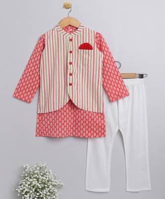 The Magic Wand Ethnic Wear Printed Mandarin Collar Boys Kurta And Pant Set With Jacket-Peach 1