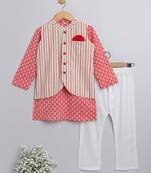 The Magic Wand Ethnic Wear Printed Mandarin Collar Boys Kurta And Pant Set With Jacket-Peach