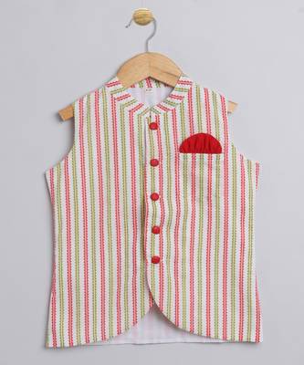 The Magic Wand Ethnic Wear Printed Mandarin Collar Boys Kurta And Pant Set With Jacket-Peach 2