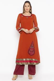 Orange embroidered georgette ethnic-Kurti
