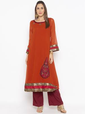 Orange embroidered georgette ethnic-Kurti 2