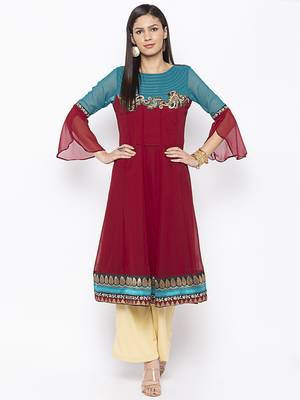 Maroon embroidered georgette ethnic-Kurti 1