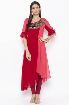 Maroon embroidered georgette ethnic-Kurti