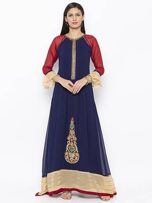 Navy-blue embroidered georgette ethnic-Kurti 1