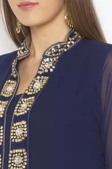 Navy-blue embroidered georgette ethnic-Kurti