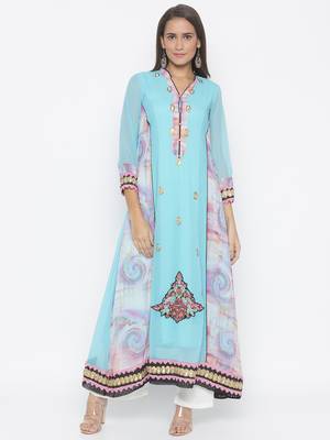 Light-blue embroidered georgette ethnic-Kurti 1