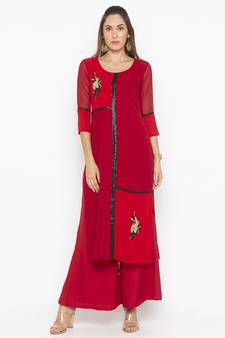 Red embroidered georgette ethnic-Kurti
