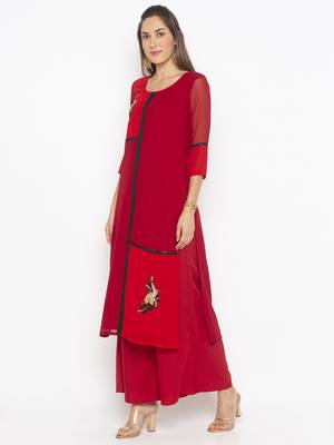 Red embroidered georgette ethnic-Kurti 3