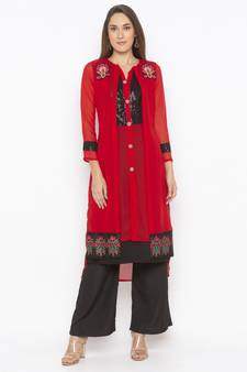 Red embroidered georgette ethnic-Kurti