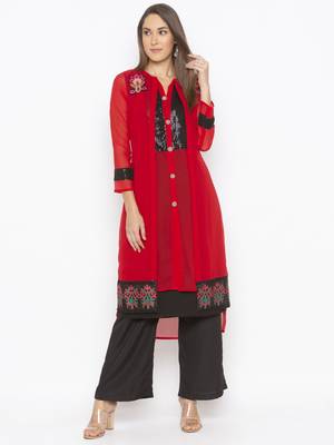 Red embroidered georgette ethnic-Kurti 2