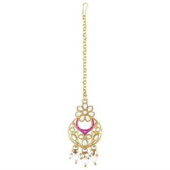 Pink meenakari Yellow Gold Alloy   Necklace   Pair Earrings   Maang Tikka 5