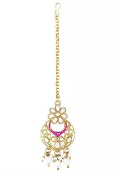 Pink meenakari Yellow Gold Alloy   Necklace   Pair Earrings   Maang Tikka