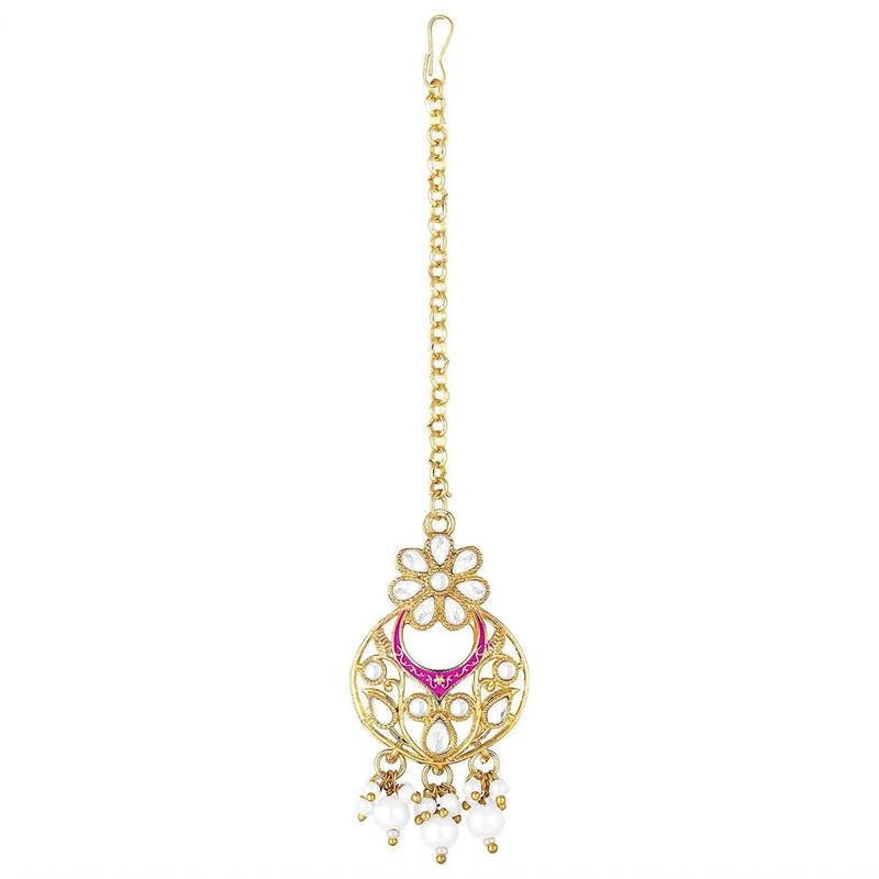 Pink meenakari Yellow Gold Alloy   Necklace   Pair Earrings   Maang Tikka