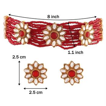Traditional Gold Plated Floral Pearl & Beads Choker Necklace Set for Women  5
