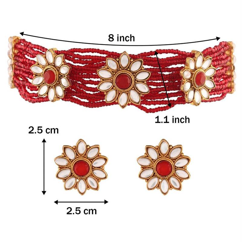 Traditional Gold Plated Floral Pearl & Beads Choker Necklace Set for Women 