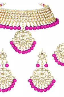 Pink beaded_jewellery Yellow Gold Alloy   Necklace   with Pair of Earring   Maang Tikka