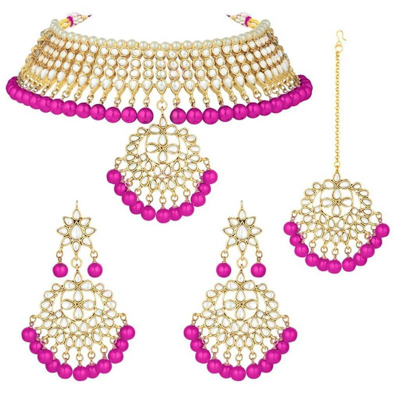 Pink beaded_jewellery Yellow Gold Alloy   Necklace   with Pair of Earring   Maang Tikka