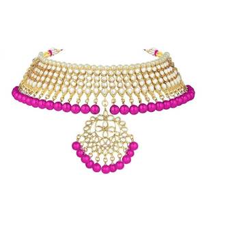 Pink beaded_jewellery Yellow Gold Alloy   Necklace   with Pair of Earring   Maang Tikka 3