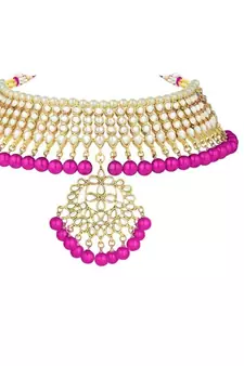 Pink beaded_jewellery Yellow Gold Alloy   Necklace   with Pair of Earring   Maang Tikka