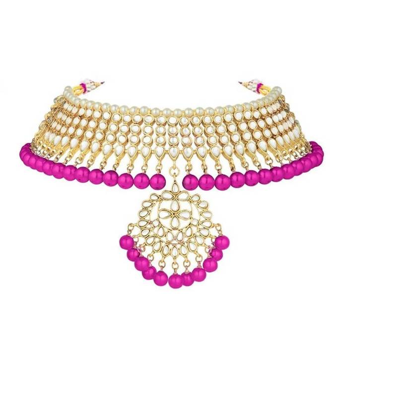 Pink beaded_jewellery Yellow Gold Alloy   Necklace   with Pair of Earring   Maang Tikka