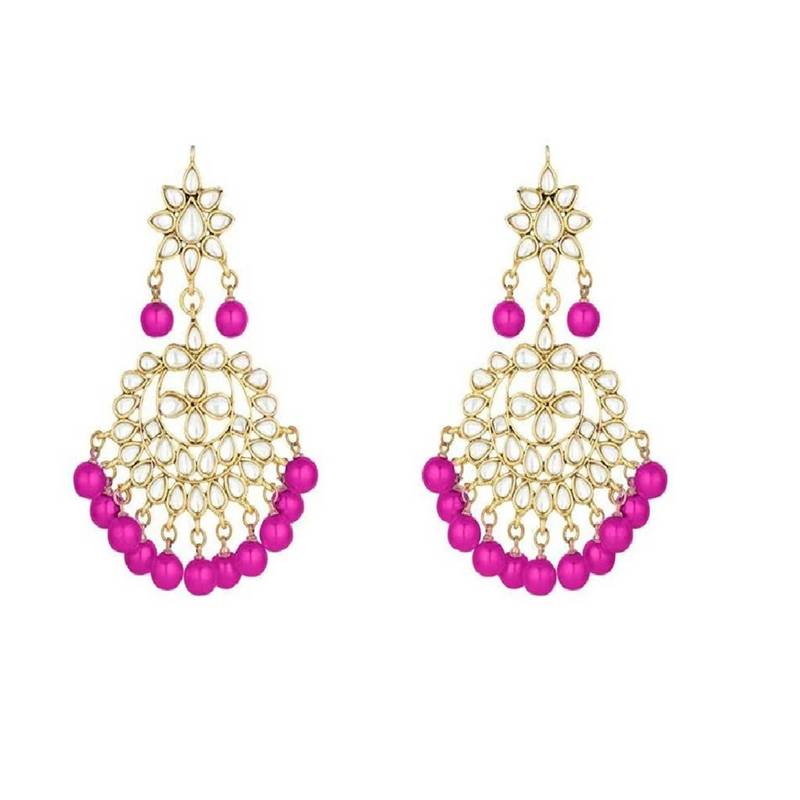 Pink beaded_jewellery Yellow Gold Alloy   Necklace   with Pair of Earring   Maang Tikka