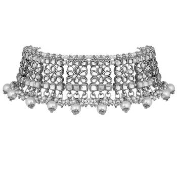 Silver beaded_jewellery Rhodium Alloy   Necklace   with Pair of Earring   Maang Tikka 6