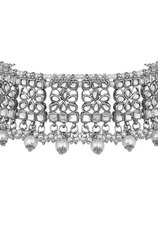 Silver beaded_jewellery Rhodium Alloy   Necklace   with Pair of Earring   Maang Tikka