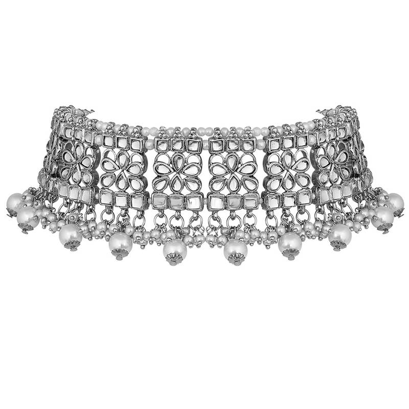 Silver beaded_jewellery Rhodium Alloy   Necklace   with Pair of Earring   Maang Tikka