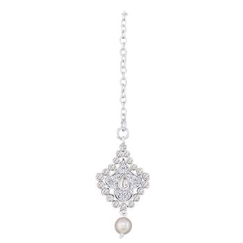 Traditional Oxidised Silver Plated Cz Stone Studded & Pearl Necklace Set With Earrings & Maang Tikka For Women 6