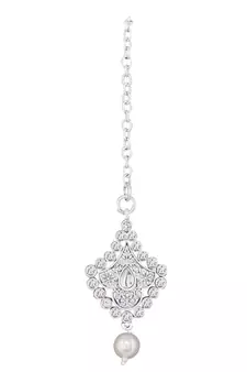 Traditional Oxidised Silver Plated Cz Stone Studded & Pearl Necklace Set With Earrings & Maang Tikka For Women