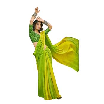 Green printed pure chiffon saree with blouse 1