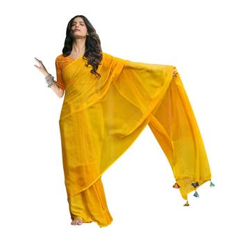 Yellow printed pure chiffon saree with blouse 1