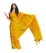Yellow printed pure chiffon saree with blouse